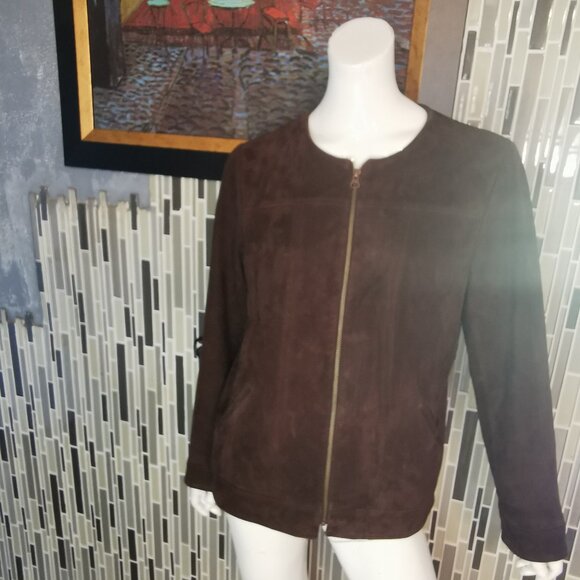 J. Jill Brown Leather Suede Military Style Jacket Gorgeous Zip Up Size M/L - Picture 1 of 5